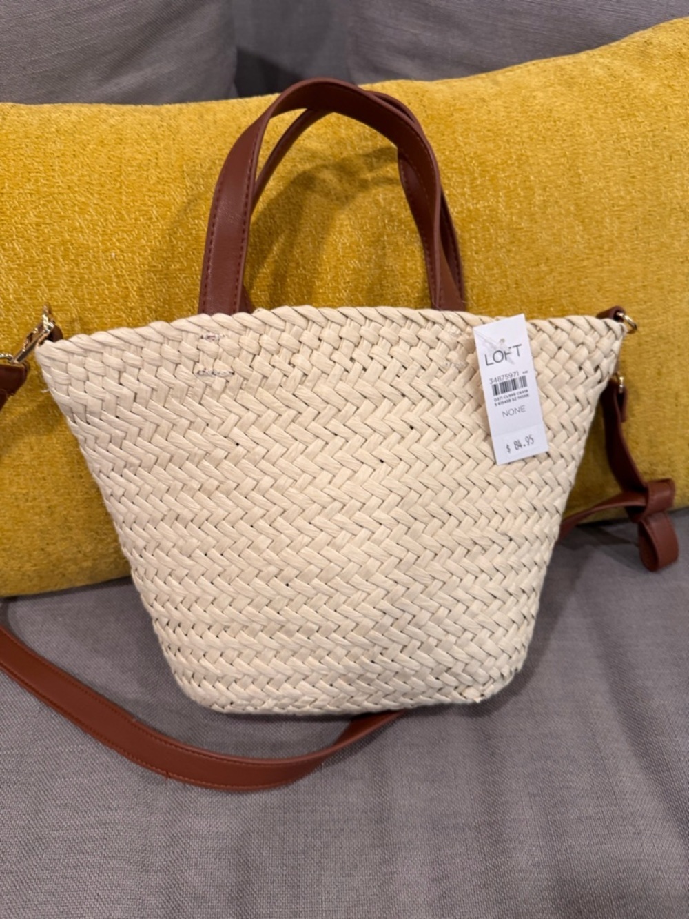 LOFT Cream Woven Crossbody Tote with Brown Leather Straps - Picture 4 of 4